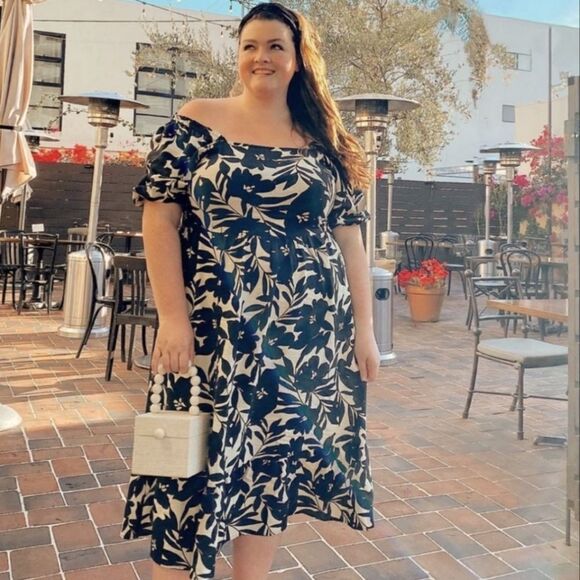 WHO WHAT WEAR Floral Cut-out Elbow Length Puff Slv Ruffle Hem Midi Dress sz XXL - Picture 4 of 6